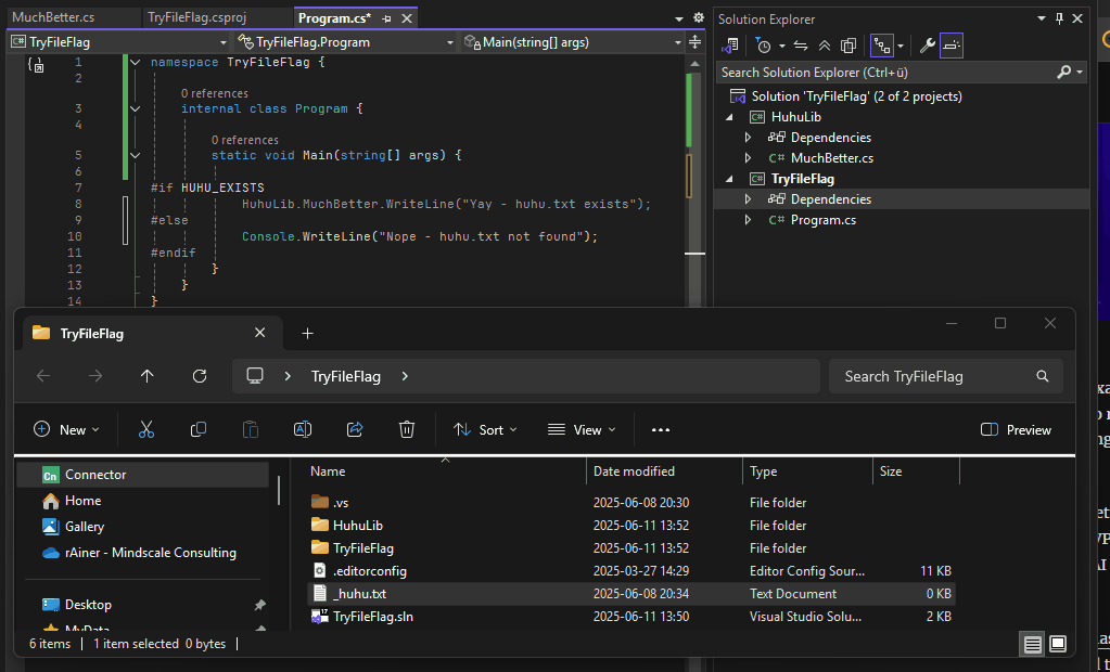 Animated GIF showing conditional compilation in action, with code being enabled/disabled based on file existence checks and build flags