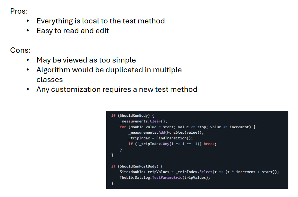 Code structure diagram showing flat algorithm implementation directly in test method with straightforward loop mechanics for easy debugging and understanding