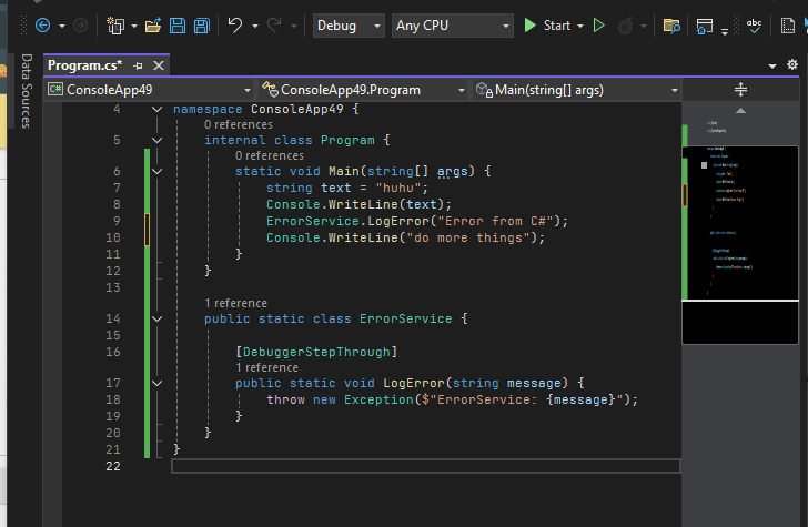 Animated GIF showing interactive debugging with code execution trapped at an error statement, allowing inspection of local variables and context