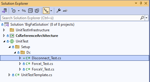 Solution Explorer showing renamed unit test file structure with Disconnect_Test.cs highlighted in the proper namespace hierarchy