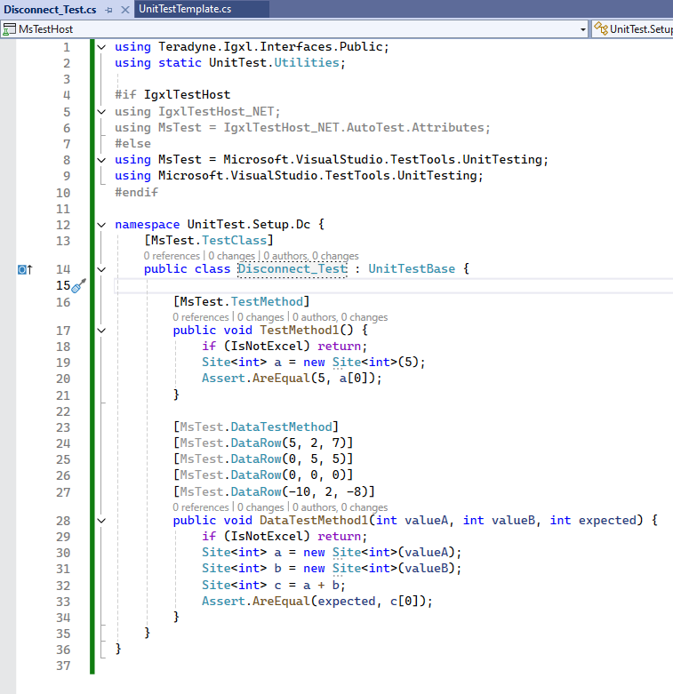 Code editor showing customized unit test template for Disconnect method with updated namespace and class name matching file structure