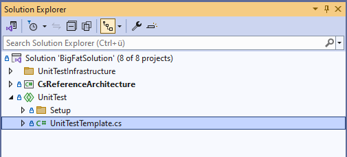 Solution Explorer showing UnitTest shared project structure with template class location highlighted