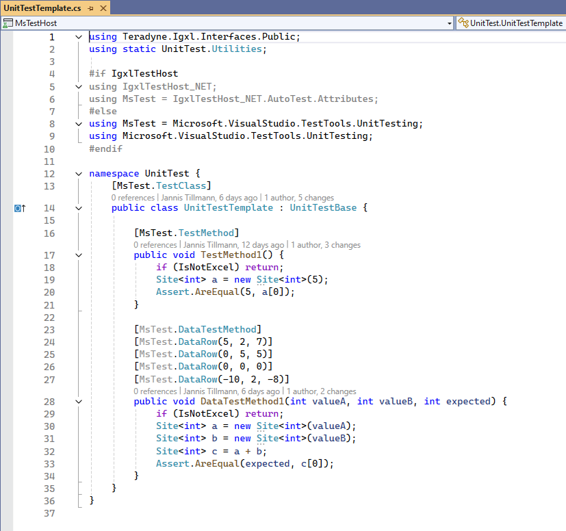 Code editor showing unit test template class with basic test case structure and example methods